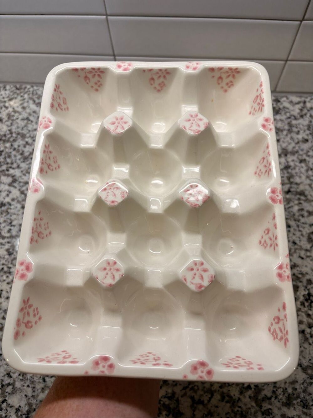 Ceramic Pink Floral Painted 12 Count Egg Tray Holder
